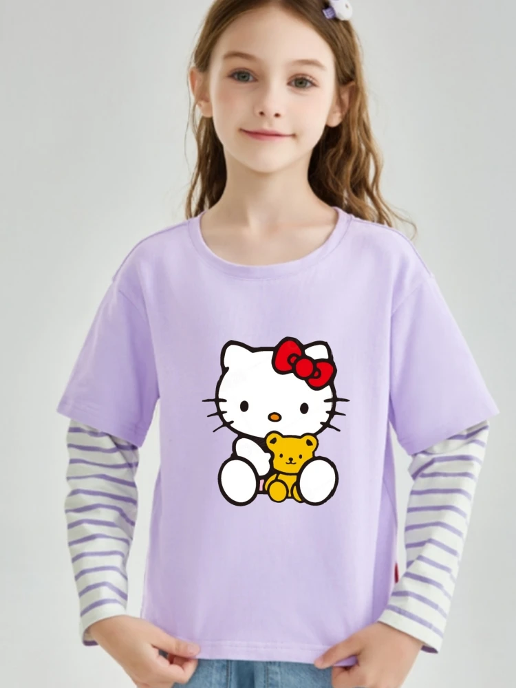 

Sanrio Autumn Baby Girls Cotton Clothes Kid Hello Kitty Printed Pullover Children Fake 2 Pieces Stripe Long Sleeve T-shirts Top