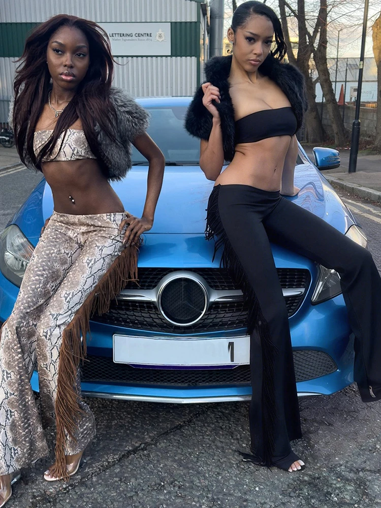 

Nibber Wild Serpentine Print 2 Piece Set Woman Sexy Wrap Chest Backless Crop Tops+Tassel Decoration Long Pants High Street Suits