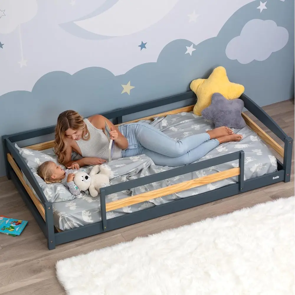 

dile Twin loor Bed with Saety Guardrails or Kids, Montori Inspired with Rails and 2 Openings, Twin Size Bed e or Girls and Boys