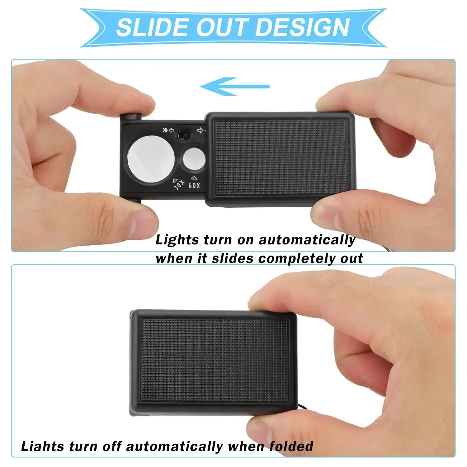 30X 60X Pocket Jewelry Magnifier Slide Out Illuminated Magnifying Glass with LED UV Light Handheld Loupe Lens for Diamond Coins