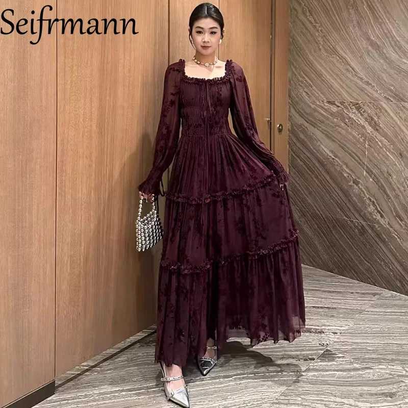 

Seifrmann 2026 Spring Women's New Fashionable Square Collar Long Sleeve Open Back Printed Waist cinching Mid length Dress