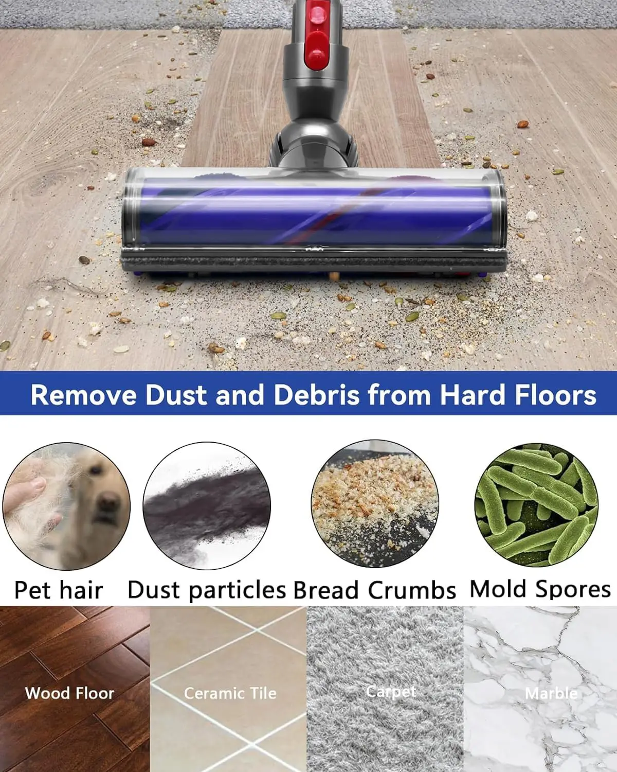 Replacement Brush Roller for Dyson V8 Cordless Vacuum Cleaner Brush Bar Assembly (4 Prong Drives & No Screw)