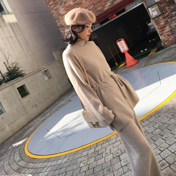 New winter knitted women suit 2 piece set solid color turtleneck sweater knitted pants suit pullover sets