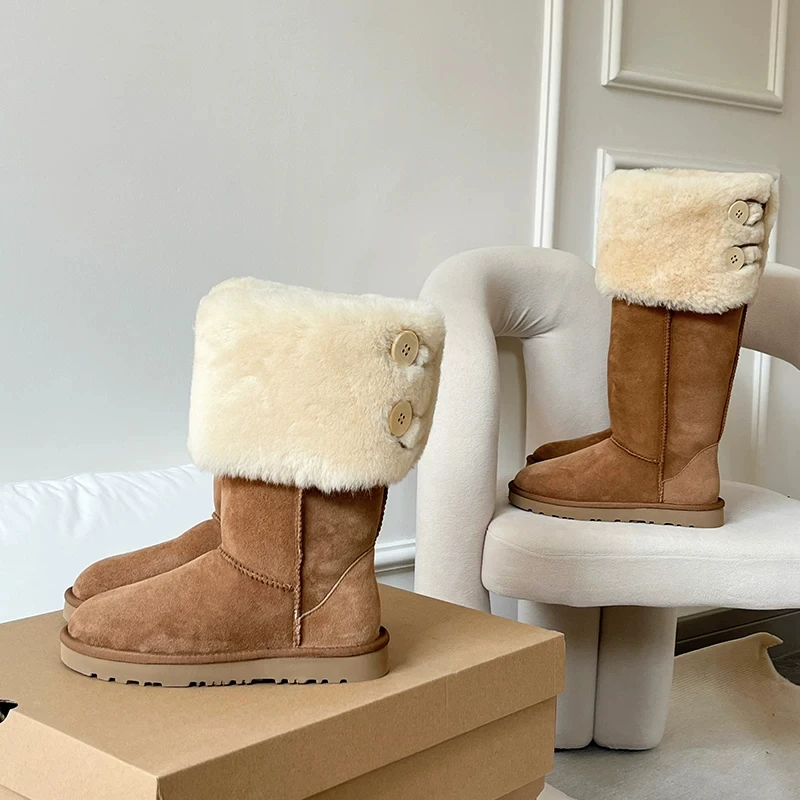 Daqian snow boots, mid high tube sheepskin integrated thick soled knee high boots, women's shoes