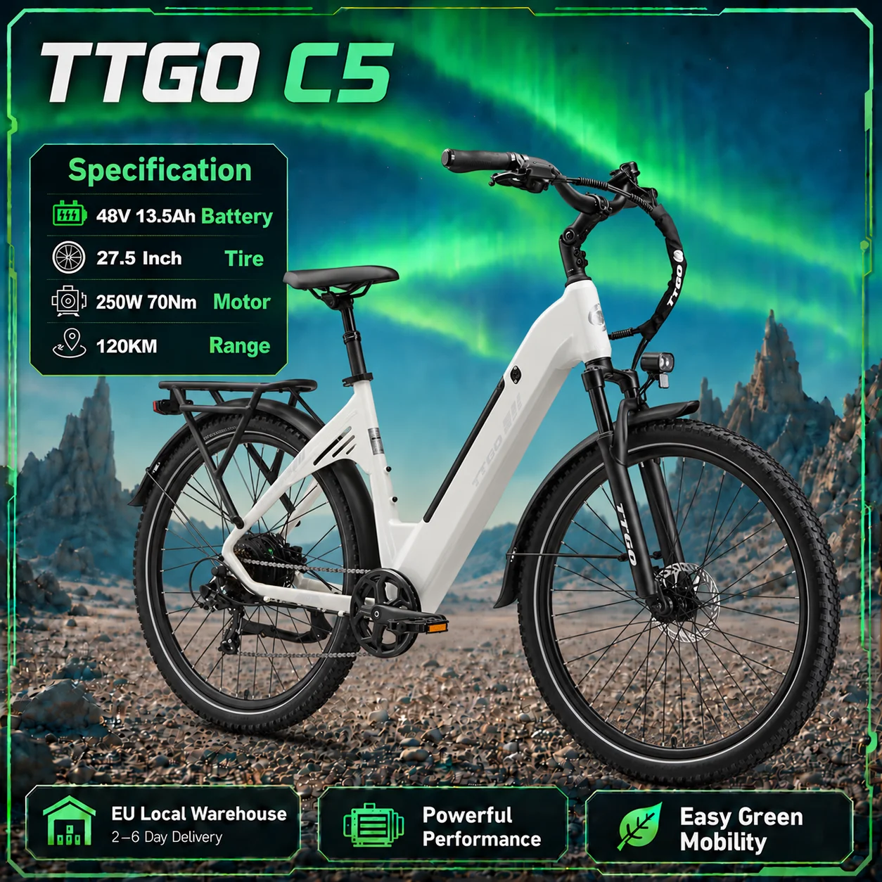TTGO C5, e-bike da città da 27,5 pollici per adulti, motore da 70 Nm e 250 W, freni idraulici, autonomia massima di 110 km, forcella ammortizzata, batteria rimovibile da 48 V e 13,5 Ah, caricabatterie