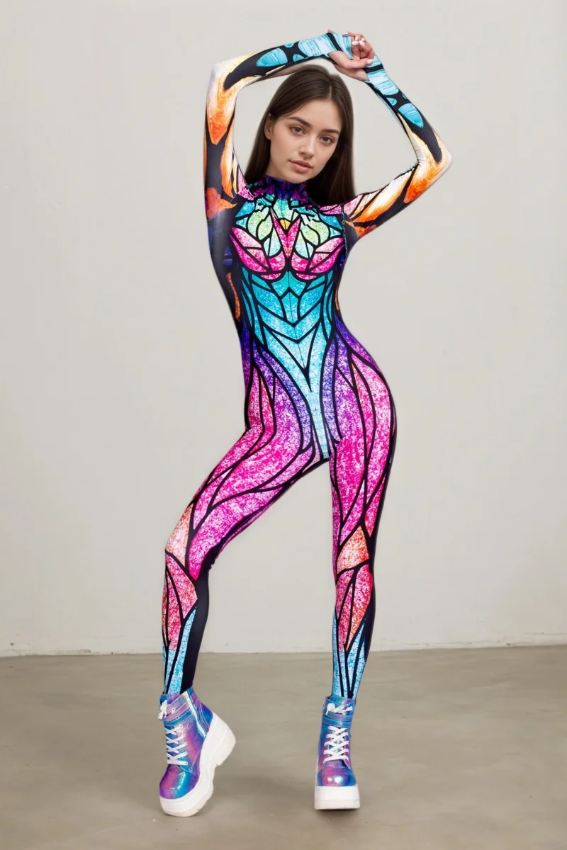 Neuer bunter Schmetterlings-Print-Cosplay-Bodysuit für Damen, Erwachsenen-Halloween-Karnevalsparty-Märchenkostüm, Bühnenkostüm, Zentai-Anzug – Detail 3