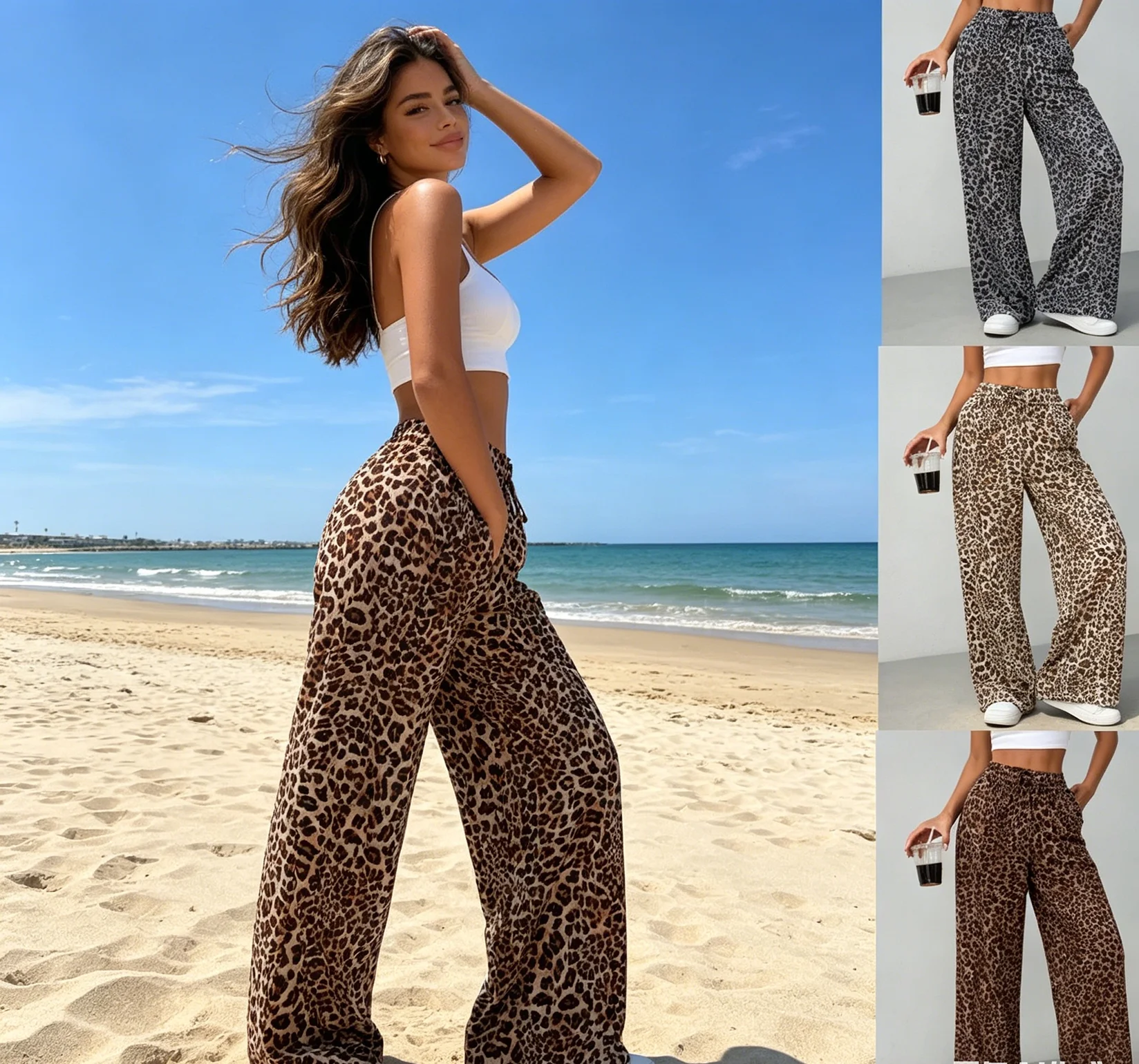 Drunk Sugar Women's Fashion Leopard Print Straight Leg Pants Casual Versatile Wide Leg Long Trousers