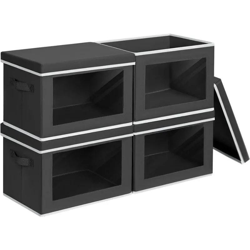 

Storage Boxes with Lids - 4 Pack Fabric Clear Window Storage Bins, Large Decorative Storage Bins with Handles, Linen Closet Orga