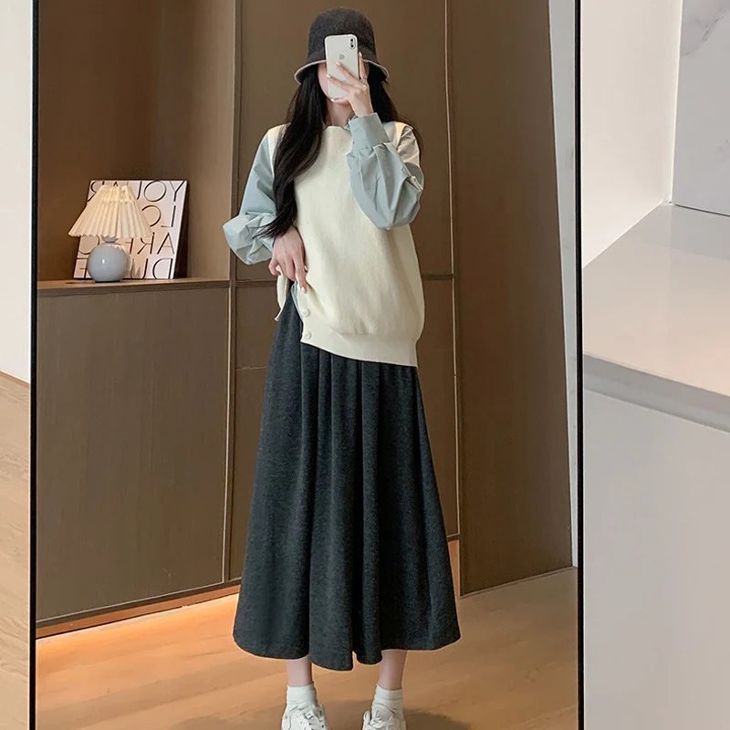 

TFETTERS Preppy Style Long Skirt Women Korean Fashion Autumn and Winter Solid Color High Waist Loose Pleated Skirt Women Clothes