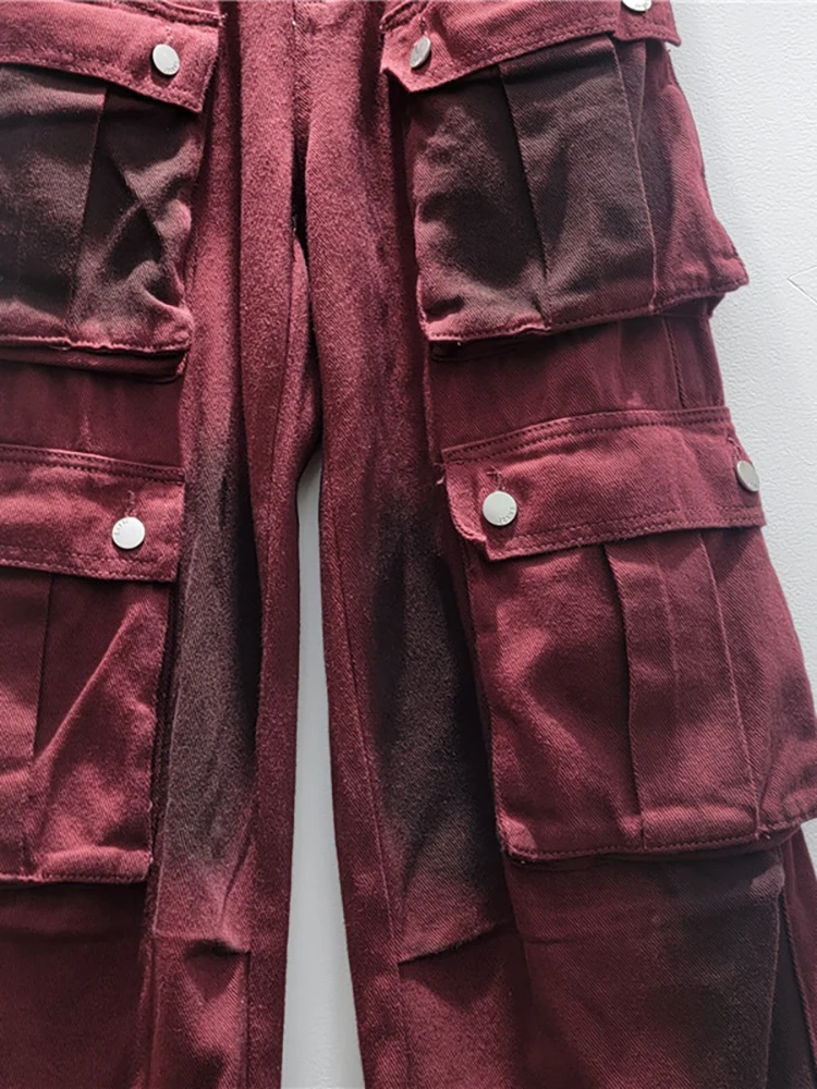 DEAT-pantalones vaqueros de cintura alta para mujer, Jeans Cargo rectos lavados con teñido anudado rojo, múltiples bolsillos, nueva moda, otoño, 2024, 33A1914