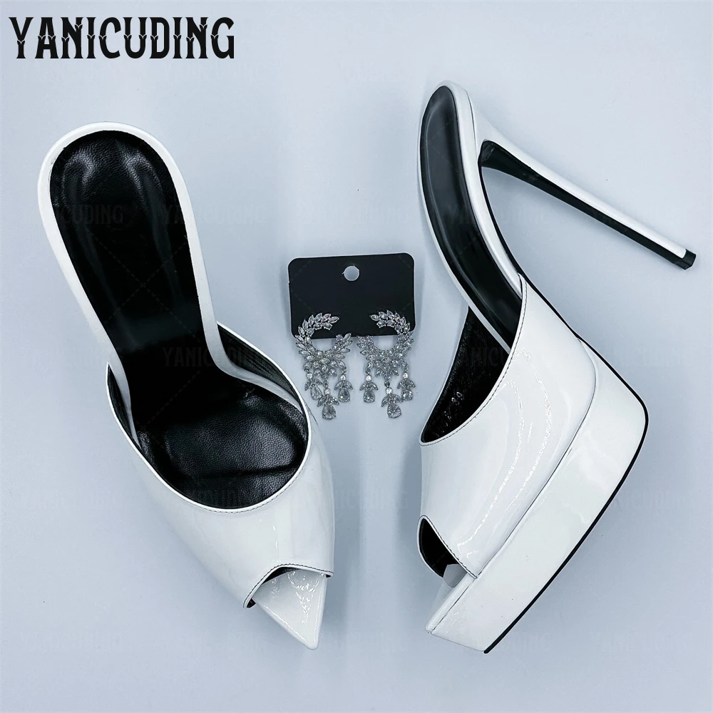

White Glossy Leather Platform Mules Sexy Pointed Peep Toe Stilettos Fashion Style Customizable Multicolor Slip on Summer Mules