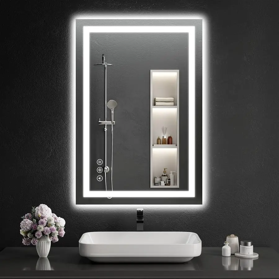 

Зеркало для ванной с LED-подсветкой, диммируемое, с функцией антизапотевания, настенное, с подсветкой сзади и сверху, с функцией памяти настроек.