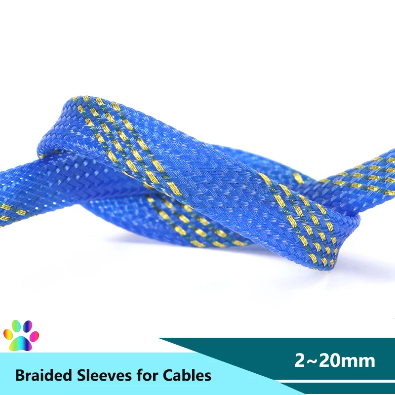 Blue Gold PET Braid Sleeve 2/4/6/8/10/12/14/16/20mm High Density Insulated Sleeving Snake Skin Cable Wrap Sheath Braided Case