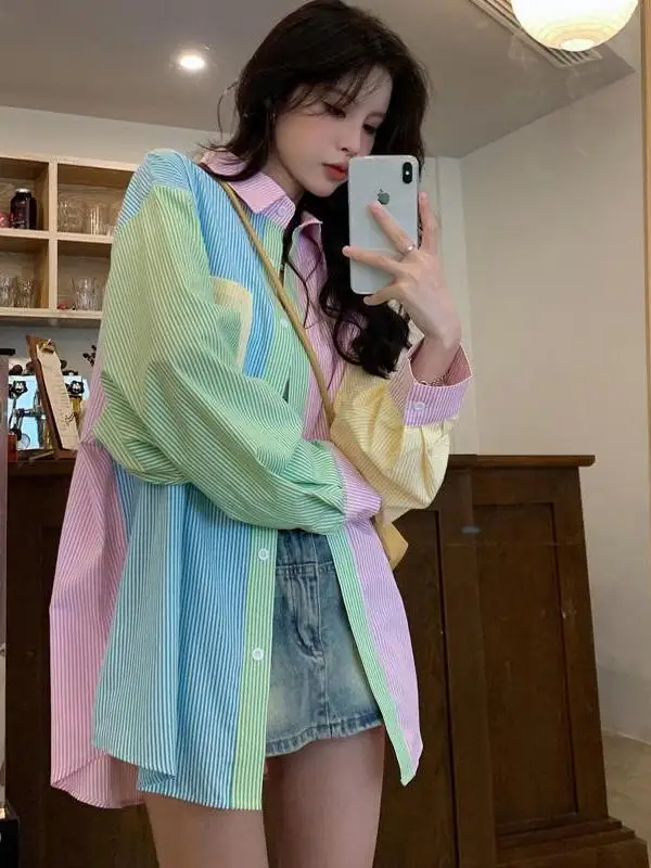 Sweet Candy Color Block Stripe Long Sleeve Shirt Women's Spring Autumn New Style Commute Korean Loose Fit Breathable Shirt - view 5