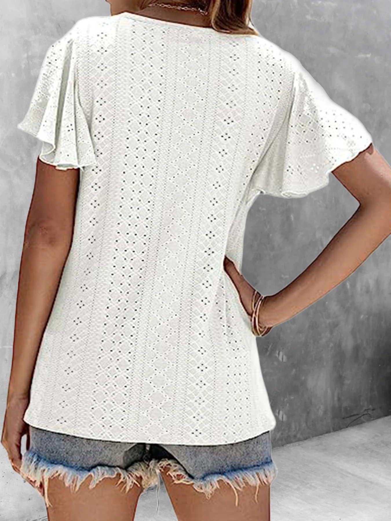 Women Summer Casual White Color Blouses Shirts Basic O Neck Short Sleeve Knitted Tops Ladies Elegant Hollow Out Blouse