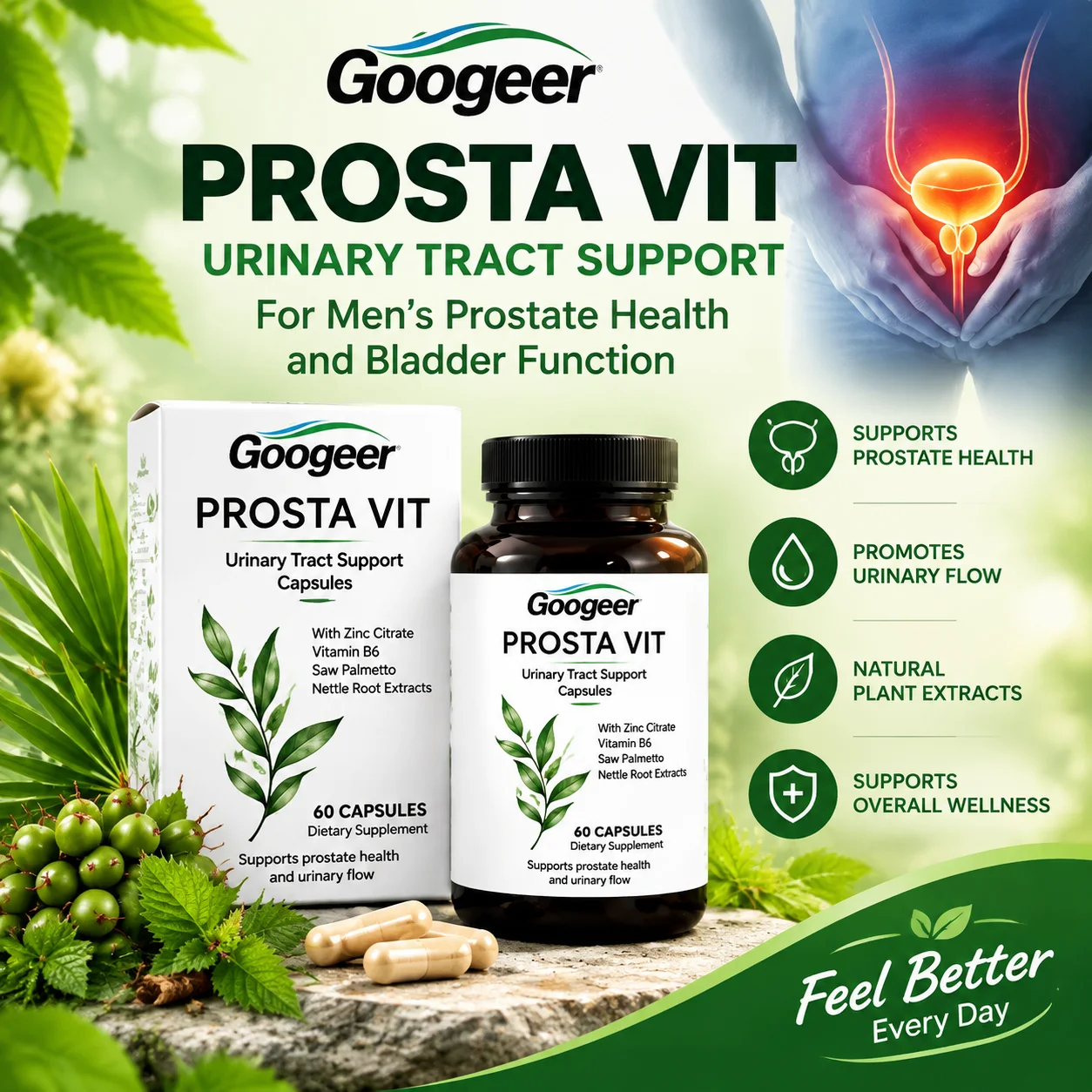 Prosta Vit Urinary Tract Support Capsules with Zinc Citrate Vitamin B6 and Saw Palmetto Nettle Root Extracts 60 Capsules