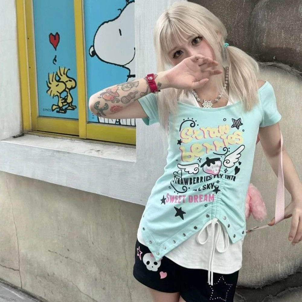 

2000S Subculture Printed Slim Fit Fake Two-Piece T-Shirt Y2K Harajuku Retro Asymmetrical Short Sleeved Summer T-Shirt Kawaii Top