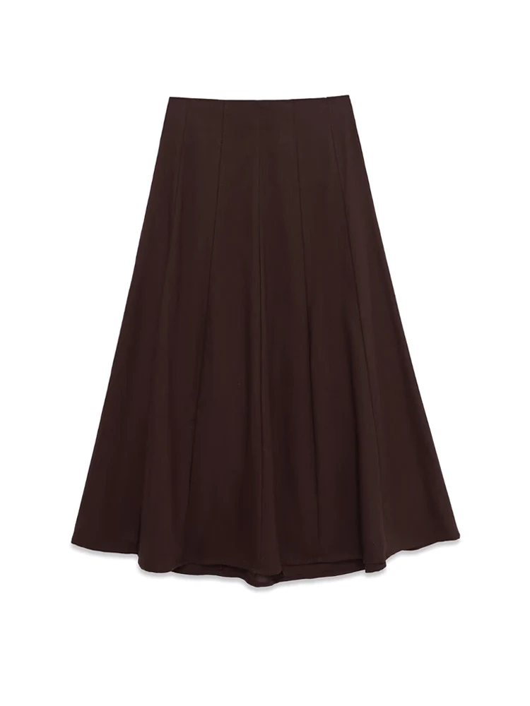 Fanan Women's High Waist Brown Pleated Midi Skirt with Side Zipper Female Skirts for Elegant Fashion