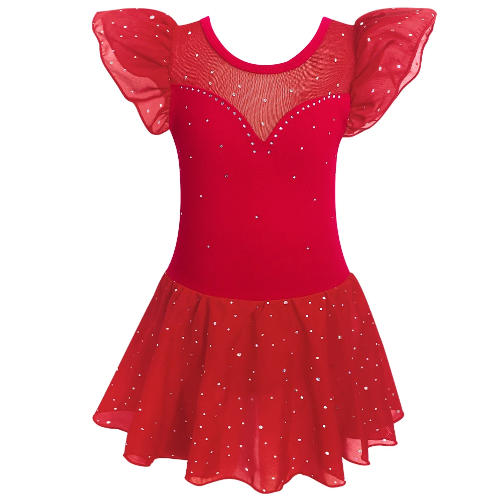 Girls Ballet Leotards Ruffle Sleeve Sparkle Tutu Skirt Leotard Toddler Ballerina Mesh Dance Dress Kids Gymnastics Costume
