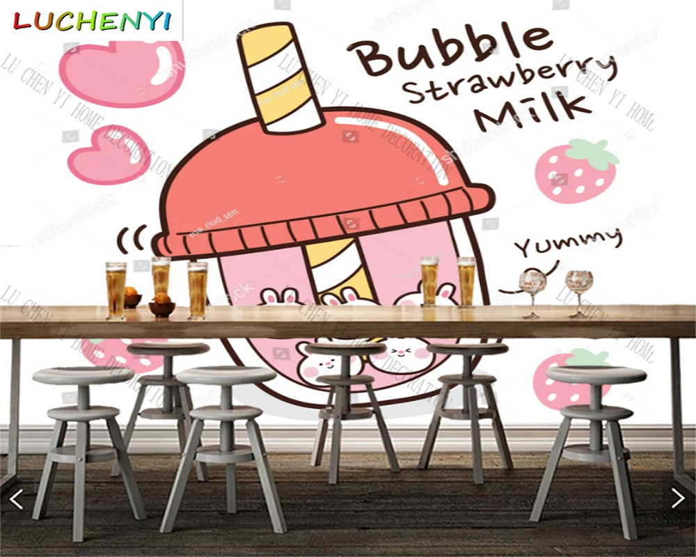 Custom bubble tea boba juice mural wallpaper restaurant cold drinking shop dining room wall papers home decor sticker