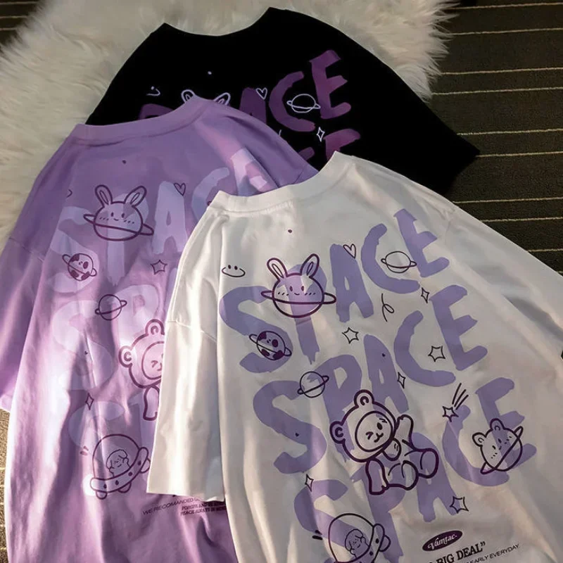 Camiseta de mujer con grafiti de oso, camiseta de manga corta con estampado espacial de gran tamaño, camisetas holgadas de verano estilo Retro