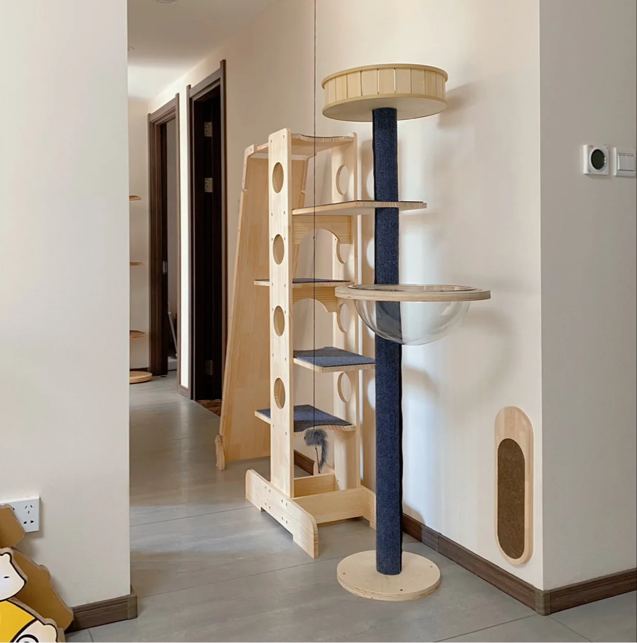 Large Solid Wood Cat Tree with Sisal Wrapping, Multi-Tier Perches, Observation Deck & Space Capsule Design, Slide Included