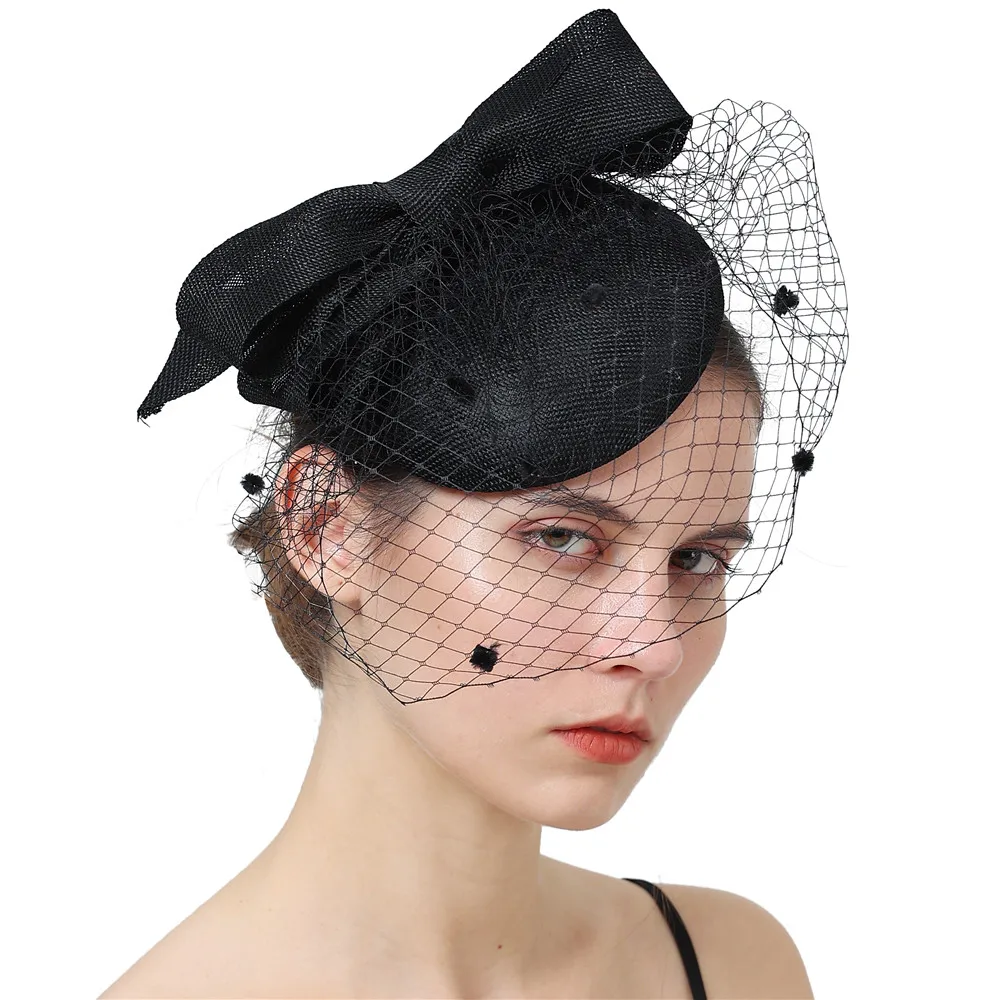 Black Imitation Linen Cocktail Fascinator Hat Derby Millinery Hair Accessories Elegant Cover Face Veils Feather Flower Headband