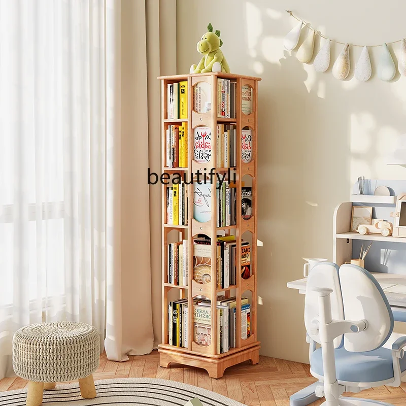 

ss25 Red Oak all-solid wood rotating bookshelf 360-degree bookcase storage home living room floor shelf