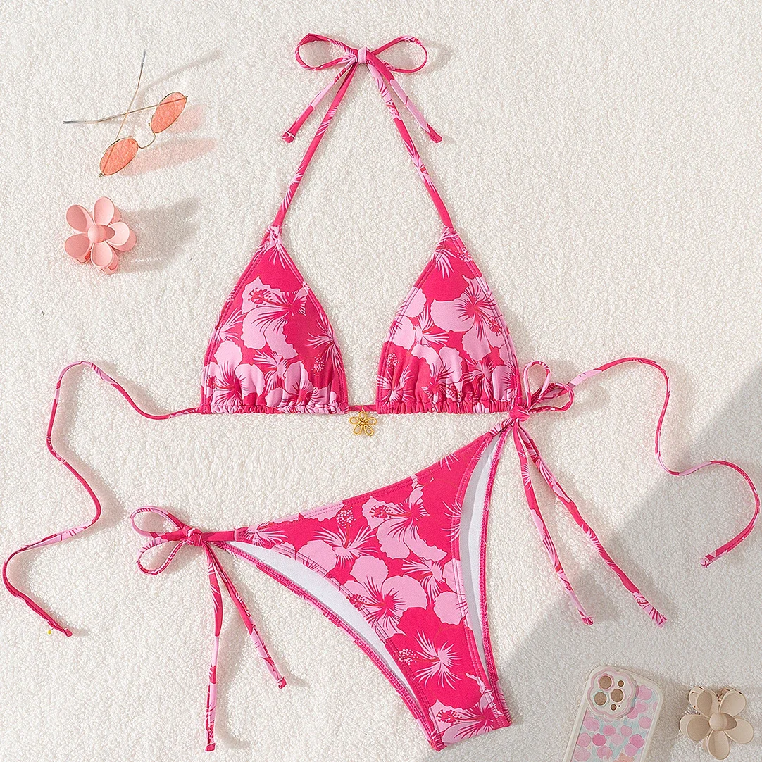 2026 Swimsuit Women Floral Printed Sexy Bikini Set Lace Up Beachwear Halter Swimsuit Summer Two-pieces Bathing Suit Biquinis
