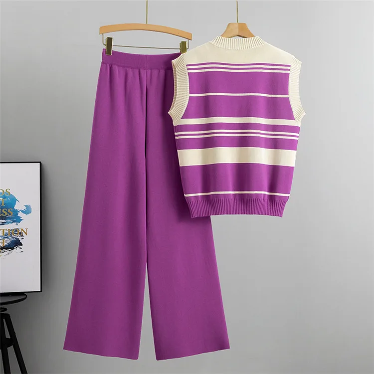 Sleeveless Striped Knit Tshirts Set Women Summer Ice Silk Pullover Tank Tops Suits New Baggy High Waist Wide Leg Pants Tracksuit