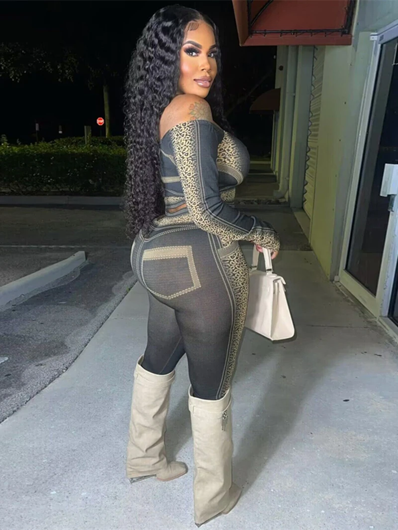 Faux Jean imprimé 2 pièces pour femmes, tenue d'automne, épaules dénudées, haut court, pantalon slim, survêtement décontracté