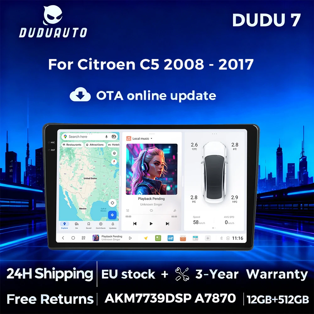 DUDUAUTO 8 Core UIS7870 AKM7739 DSP DUDU3 DUDU7 Autoradio Android 13 CarPlay sans fil Android Auto pour Citroën C5 2008 - 2017 2din GPS 4G BT DSP Lecteur multimédia de voiture Mise à niveau en ligne OTA DUDU OS SWC Écran de navigation GPS