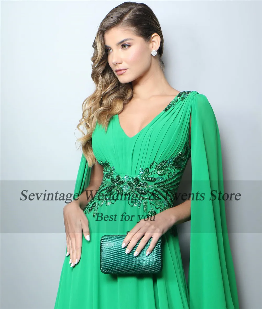 Customized Elegant Green A-Line Prom Dress V-Neck Long Cape Sleeve Sequineds Ruched Floor Length Evening Dress robes de soirée