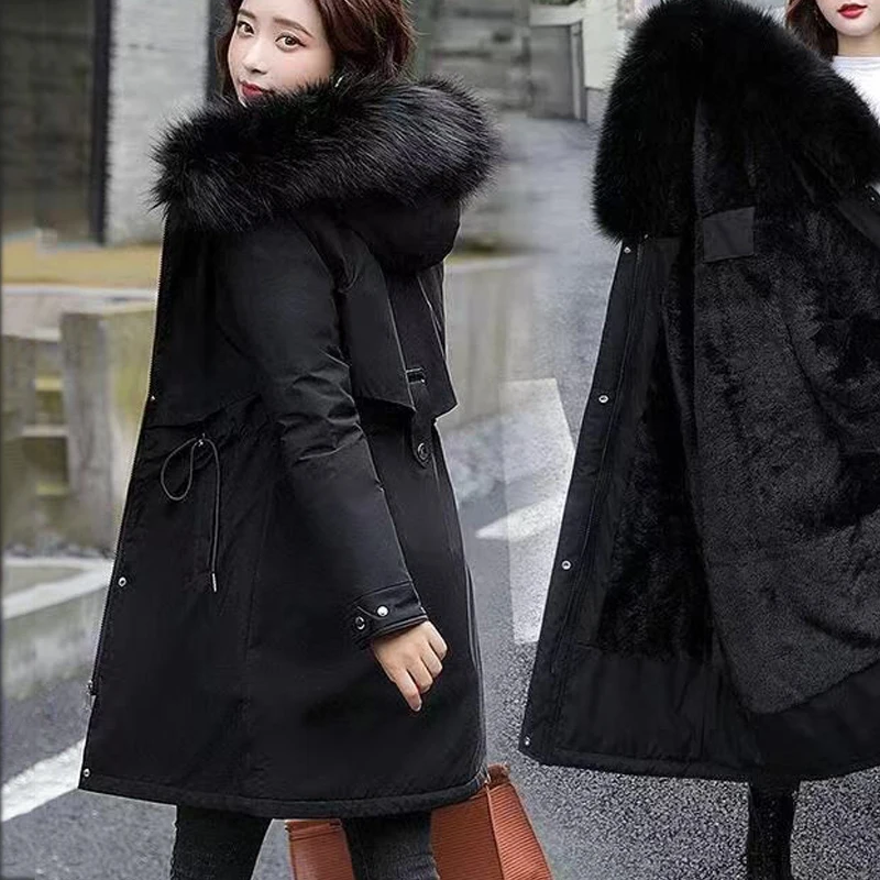 

Женская шерстяная куртка с капюшоном и меховым воротником, толстая теплая зимняя одежда, стеганые парки, зима 2025 года, новая однотонная куртка средней длины