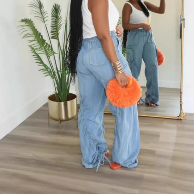 Spodnie dżinsowe damskie dżinsy szerokie nogawki długie spodnie proste spodnie Y2k Streetwear w pasie splot ściągany sznurkiem Casual Punk 2025