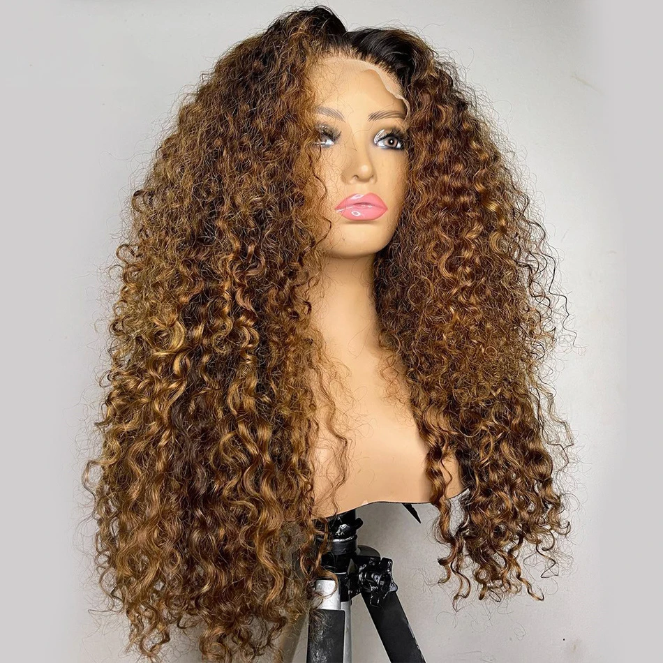 Perruque Lace Front Wig crépue bouclée sans colle pour femmes noires, cheveux de bébé, longue et douce, degré de chaleur pré-plumé, blonde ombrée, marron, densité 180, 26 po