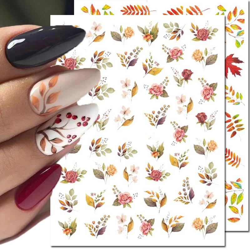 3d Nail Art Decals Autumn Maples Leafs Retro Red Yellow Roses Flowers Adhesive Sliders Nail Stickers For Nail Tips Decoration