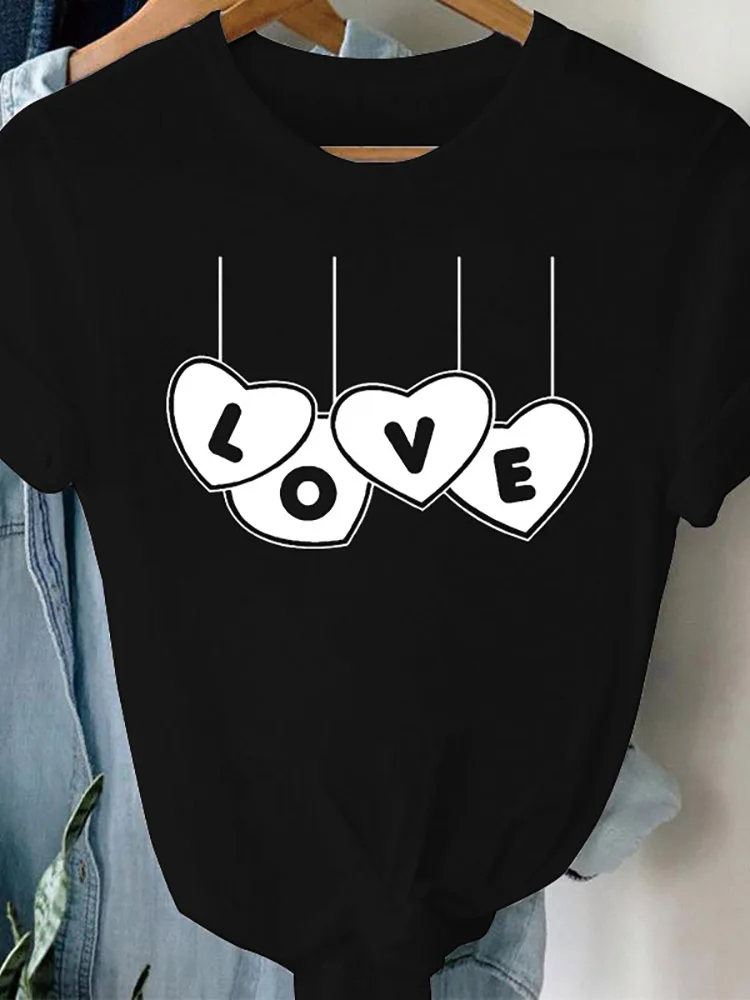 T-Shirt z grafiką dla kobiet t-shirty z krótkim rękawem lato dla kobiet Love Heart walentynki Heartbeat Casual z krótkim rękawem modna koszulka Regular