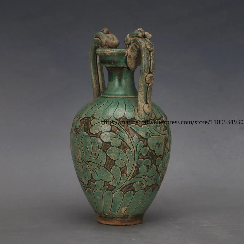 

China Song Dynasty Cizhou Kiln Green Glaze Twin Dragon Vase Antique Porcelain Decorative Ornaments for Home Decor Collection