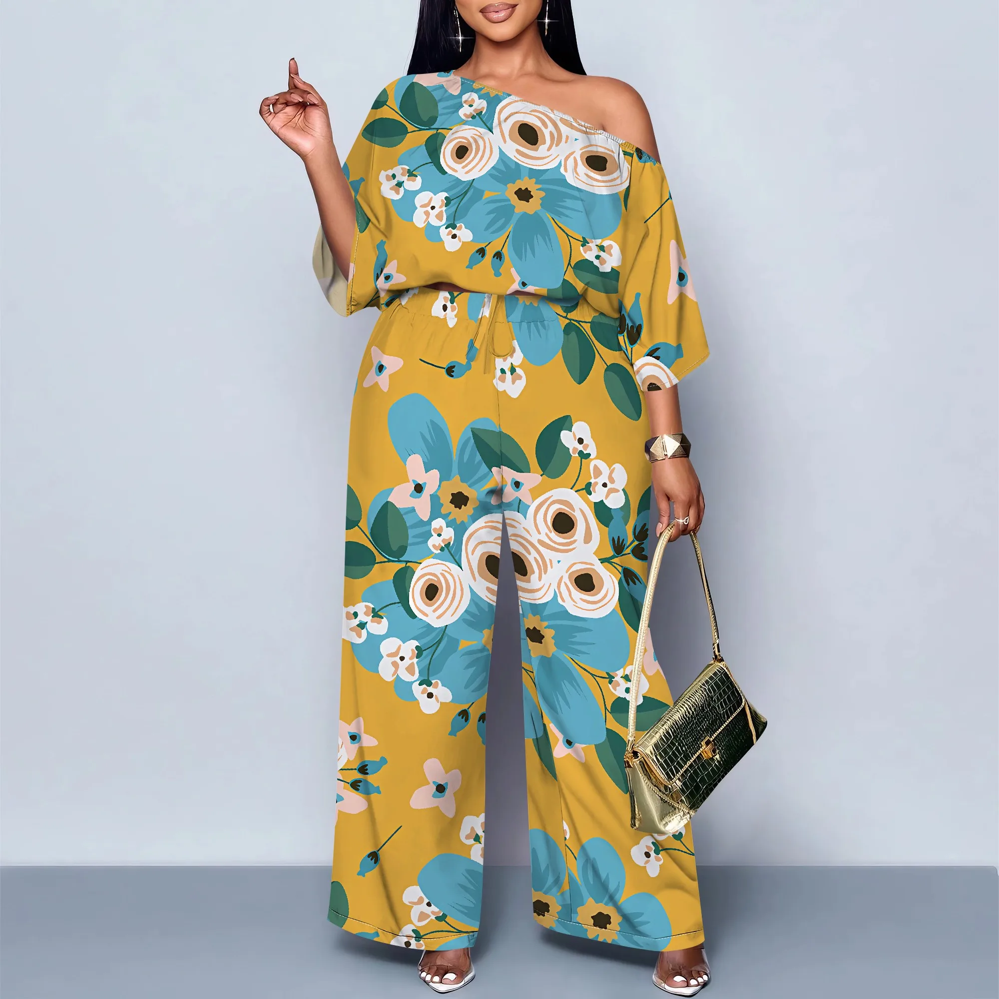 Women's Summer 3D Fashion  Casual  Printed Sloping Shoulder Set Two-Piece Set