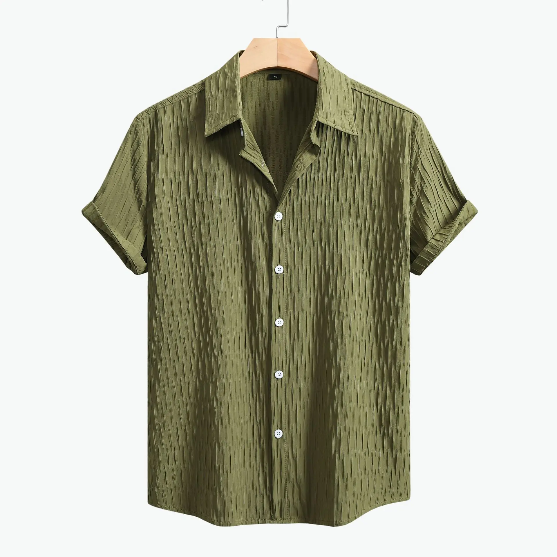 Men's Beach Style Cardigan  Shirt Short Sleeve PU Leather CleanFit Waist-Cinching Mid-Aged And Elderly Suitable 3D Effect