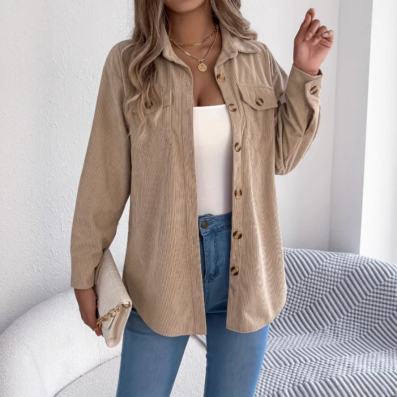 

Long-sleeved Cardigan Jacket Top Casual Women's Striped Mid-length Shirt Solid Color Button