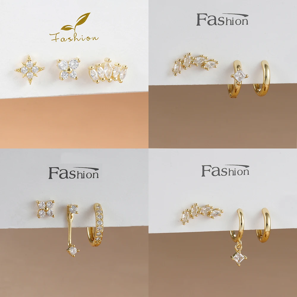 3PCS Retro unique Zircon Hoop Earrings Set for Women Simple Round Circle Elegant Stud Earing Piercing Aesthetic Jewelry Gift