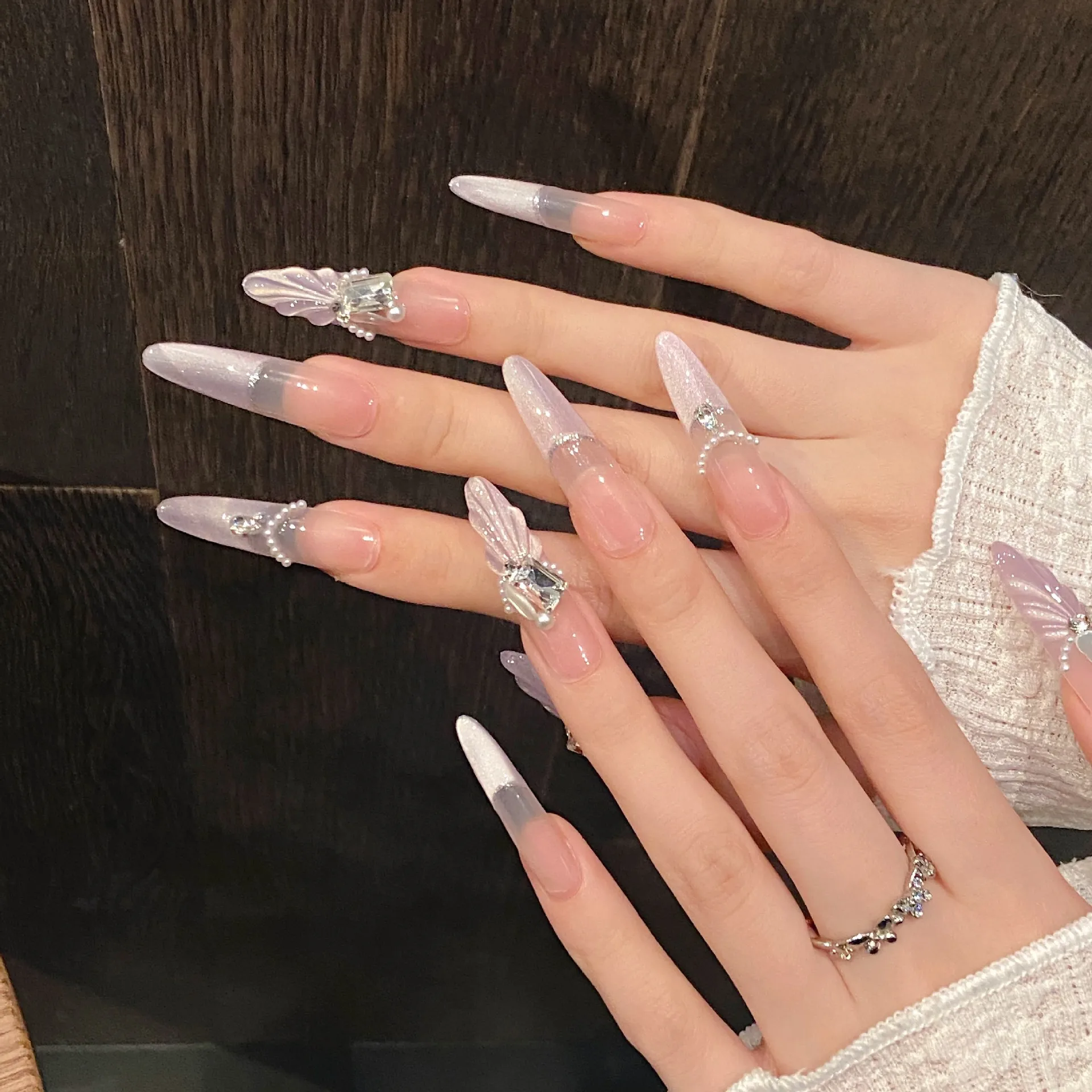 10pcs Cat's Eye Purple Handmade Fake Nails Tips French Diamond Long Almond Press on Nails Art Pearl False Nail Wearable Manicure