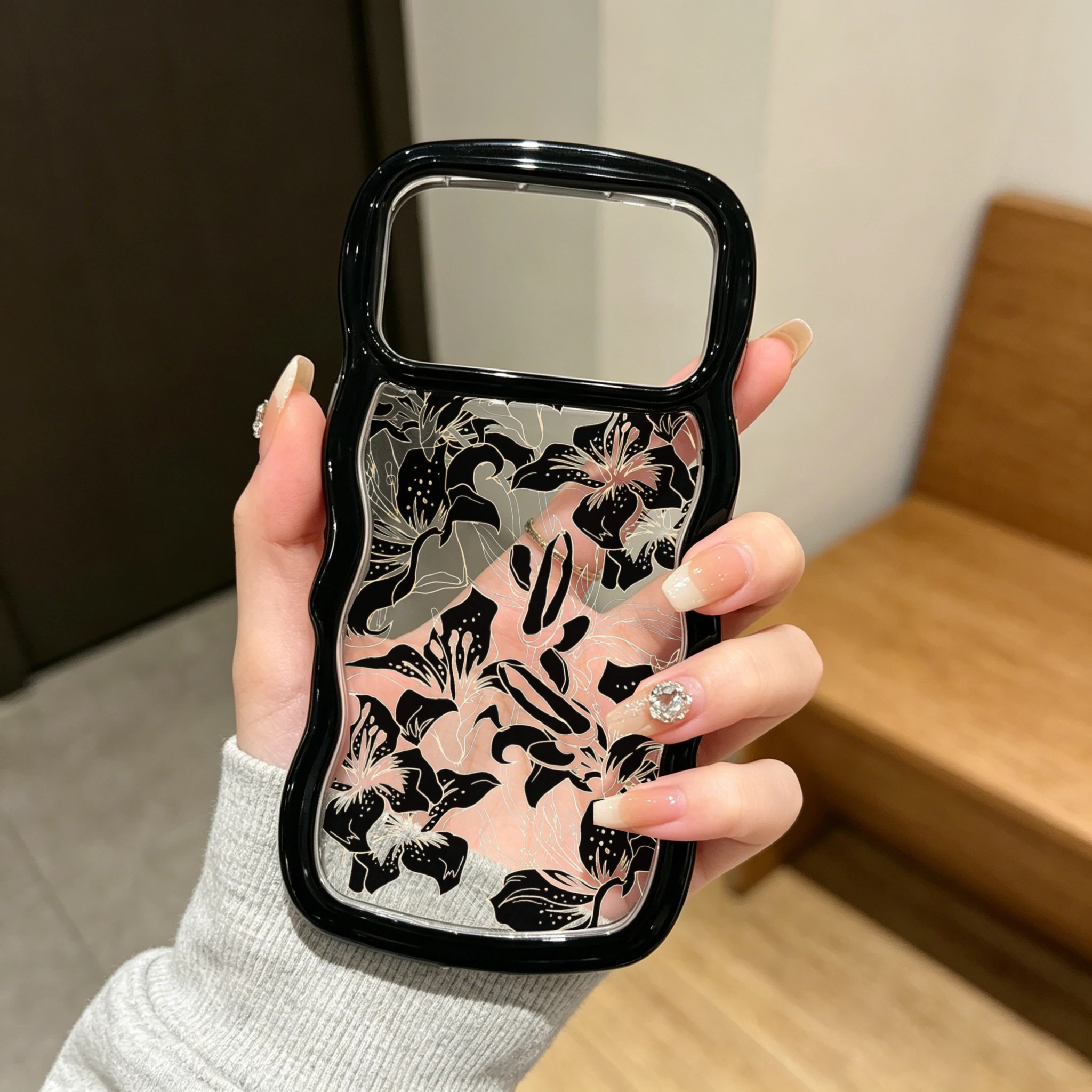 

Cute Wavy Edge 2-in-1 Phone Case, Fashion Phone Case, Black Floral Pattern Soft TPU Hard PC Clear Shockproof Cell Phone Cover Compatible with iPhone 12/13/14/15/16 Series