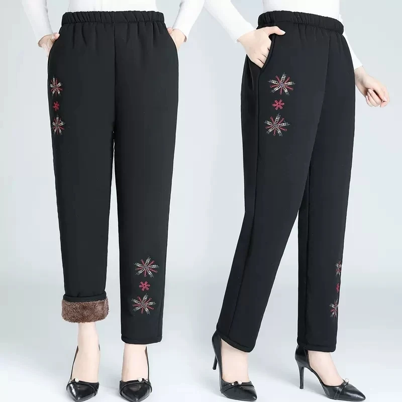 

2022 Autumn Winter Middl Aged Women Warm Velvet Elastic high Waist Casual Straight Pants Female Trousers Plus Size Clothing