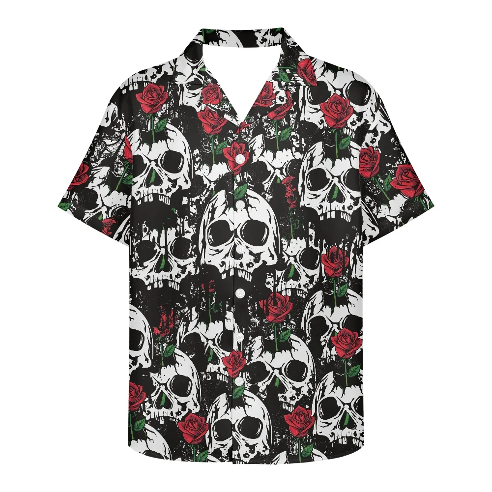 Black Halloween Man Shirt New Designed Creepy Skeleton Printed Shirt Short Sleeve V Neck Shirt Summer Style Fashion Men Clothing