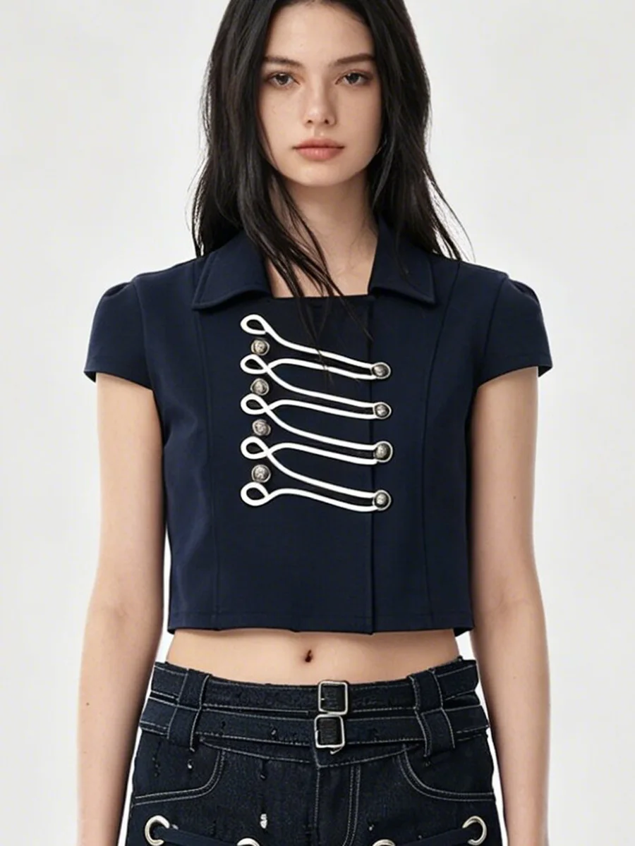 

LIMO Napoleon Style Crop Top Women Square Neck Short Sleeve Blouse Retro Button Streetwear Top