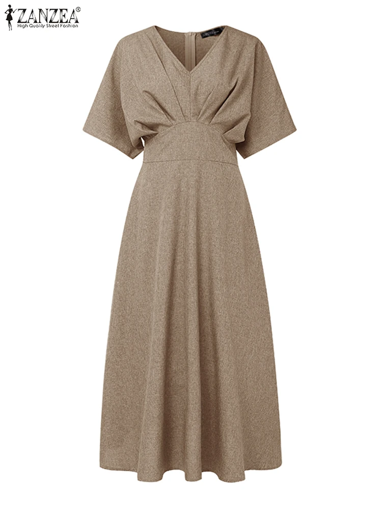 Zanzea vestido de escritório feminino verão vestido de verão meia manga morcego vintage festa robes 2025 sólido casual decote em v vestidos plissados