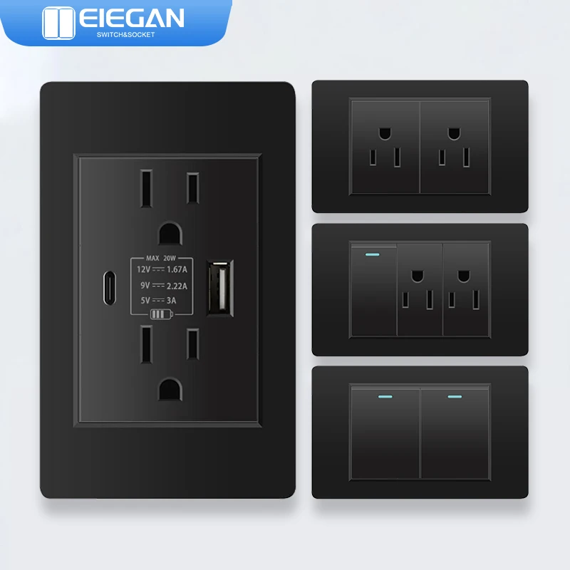 

ELEGAN Black Flame retardant PC panel Thailand Standard Type-C America Outlet Plug 118*72mm Wall Socket Light Switch Fast Charge